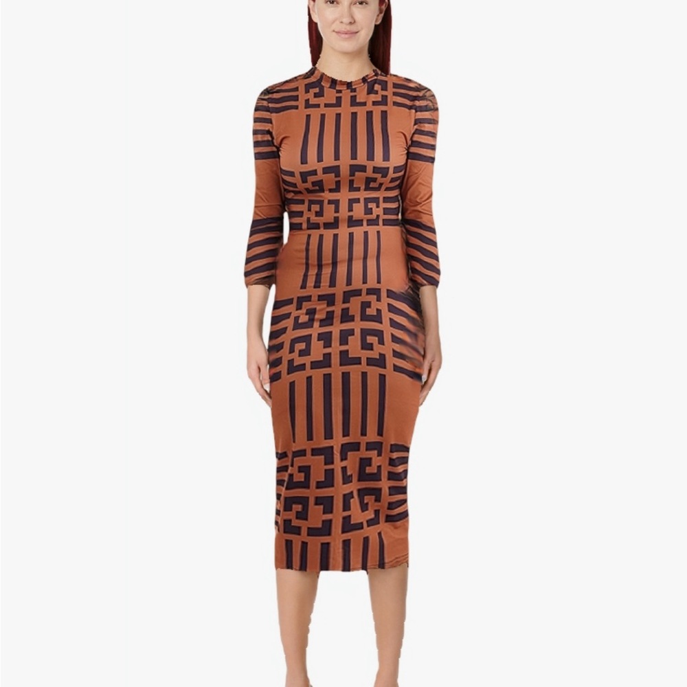 Geometric Patterned Brown and Black‎ Dress